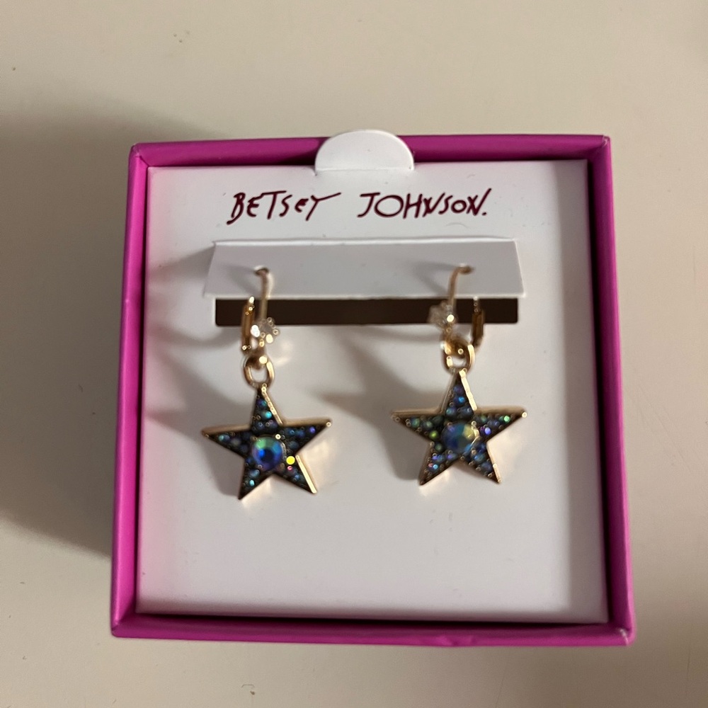 Betsey Johnson Gold Star Earrings with Blue Accents
